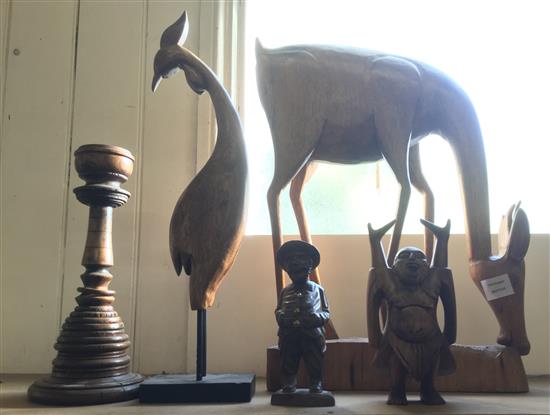 African carved wood model of a deer and four other figures / candlesticks